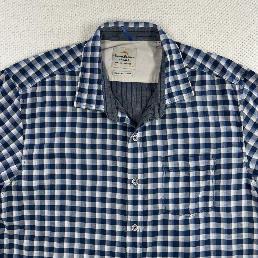 Tommy Bahama‎ Men Shirt Blue White Gingham Cotton XL Island Modern Fit